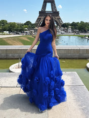 Royal Blue Sweetheart Tulle Pleat One Shoulder Mermaid Evening Dresses Gown with 3D Flower