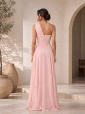 Blush Pink One-Shoulder Ruched Chiffon Floor-Length Gown Dress