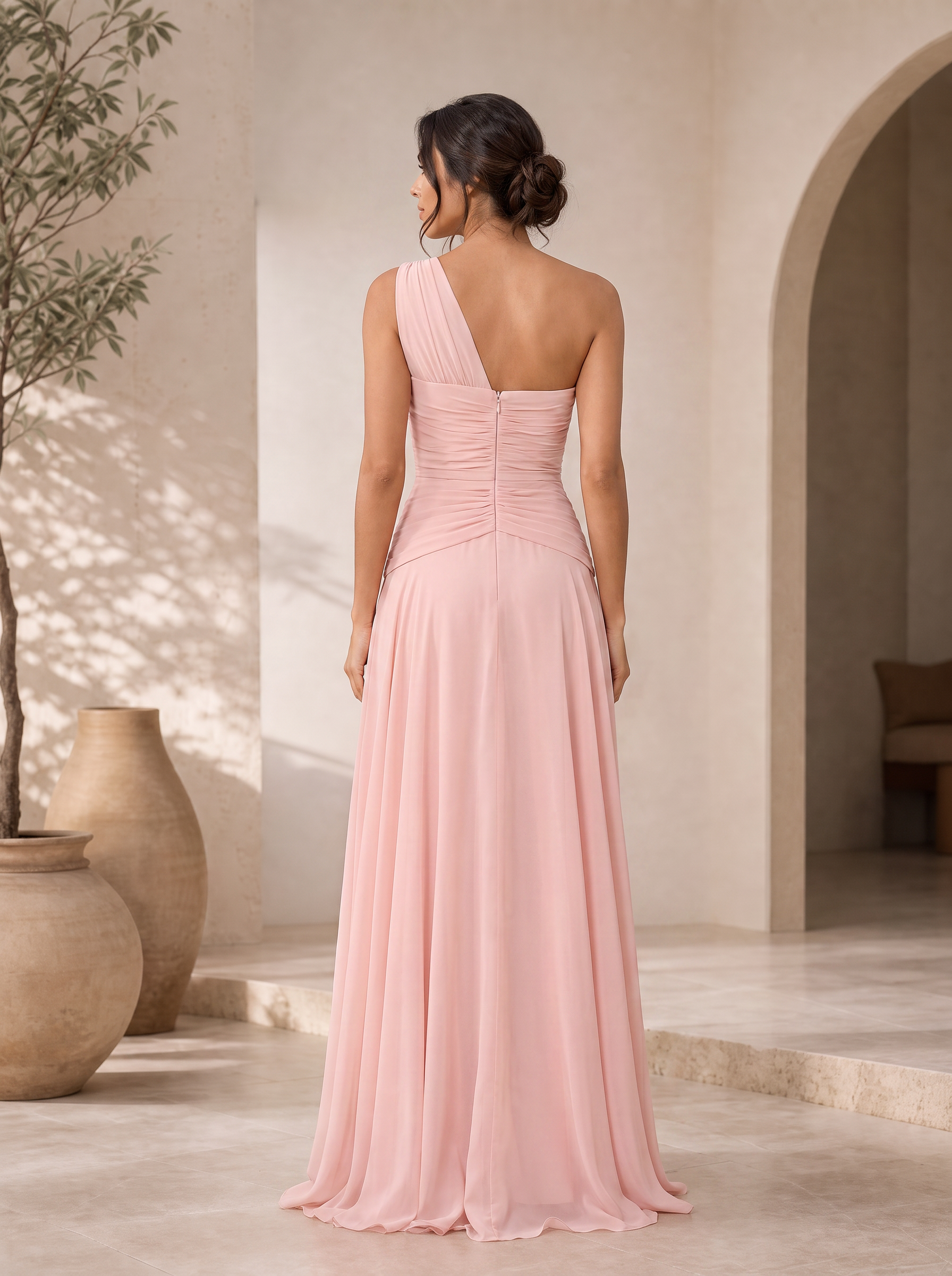 Blush Pink One-Shoulder Ruched Chiffon Floor-Length Gown Dress