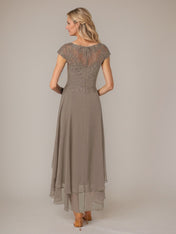 A-line Boat Neck Illusion Asymmetrical Chiffon Lace Mother of the Bride Dress With Applique Pleats