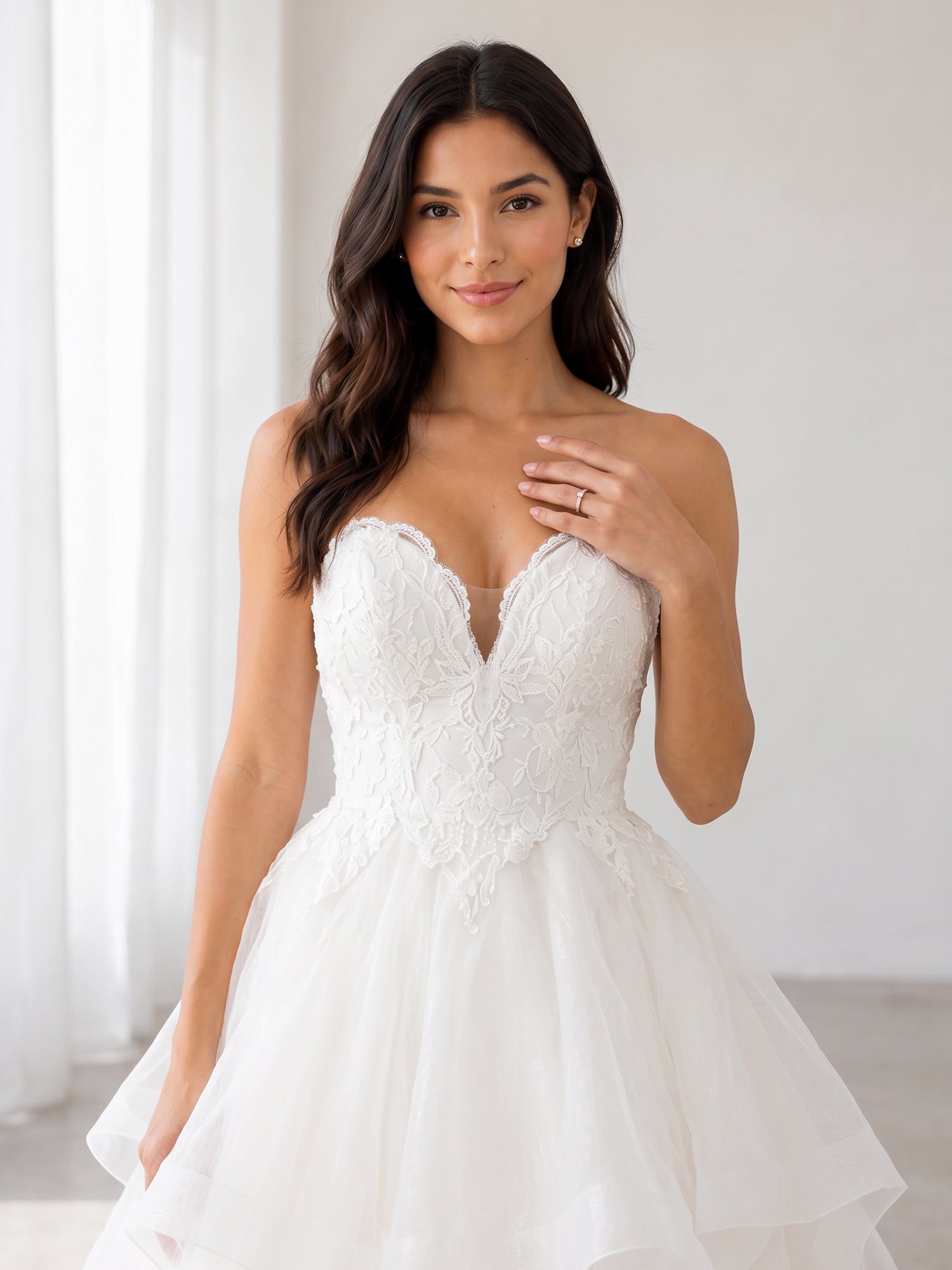 Elegant Strapless White Lace and Tiered Organza A-Line Wedding Dress with Chapel Train