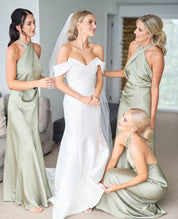 Charming Sheath Hatler Satin Sage Long Bridesmaid Dresses