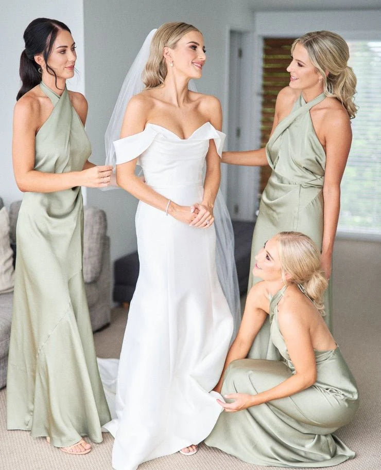 Charming Sheath Hatler Satin Sage Long Bridesmaid Dresses