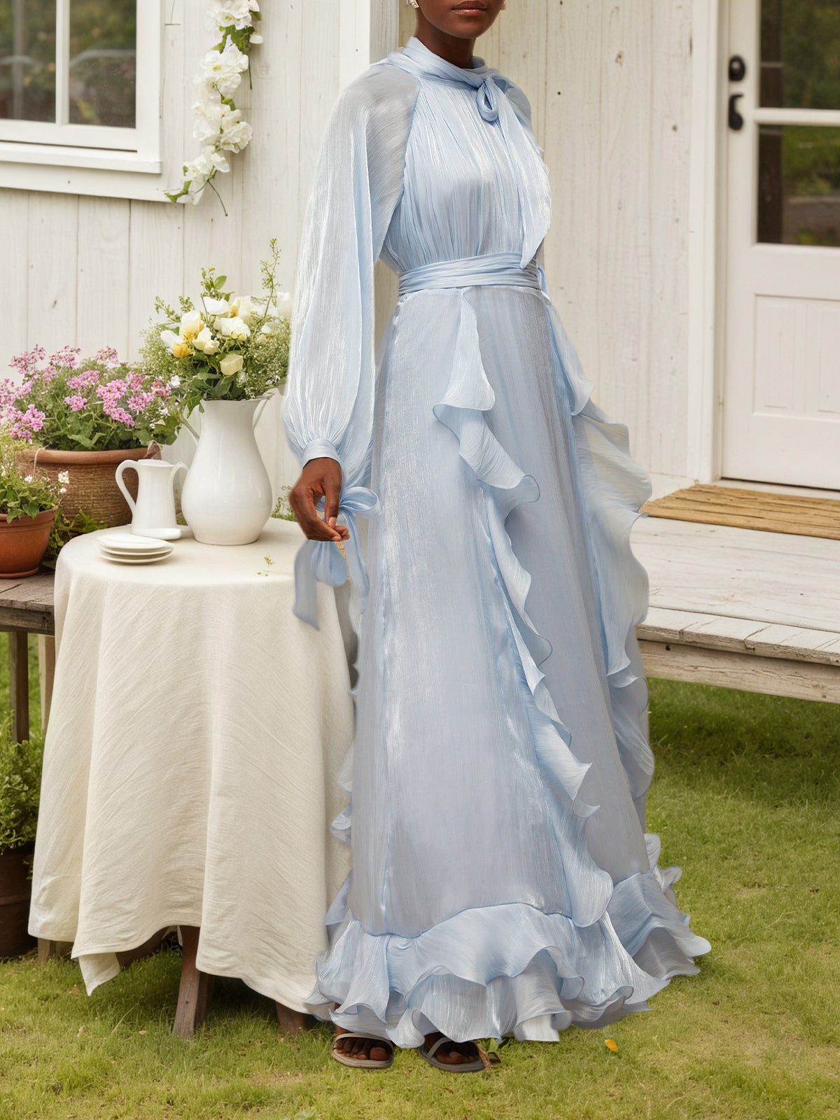 Blue Glossy Pleated Maxi Dress