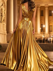 Metallic V-Neck A-Line Gold Long Formal Dress With Slit