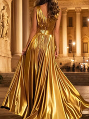 Metallic V-Neck A-Line Gold Long Formal Dress With Slit
