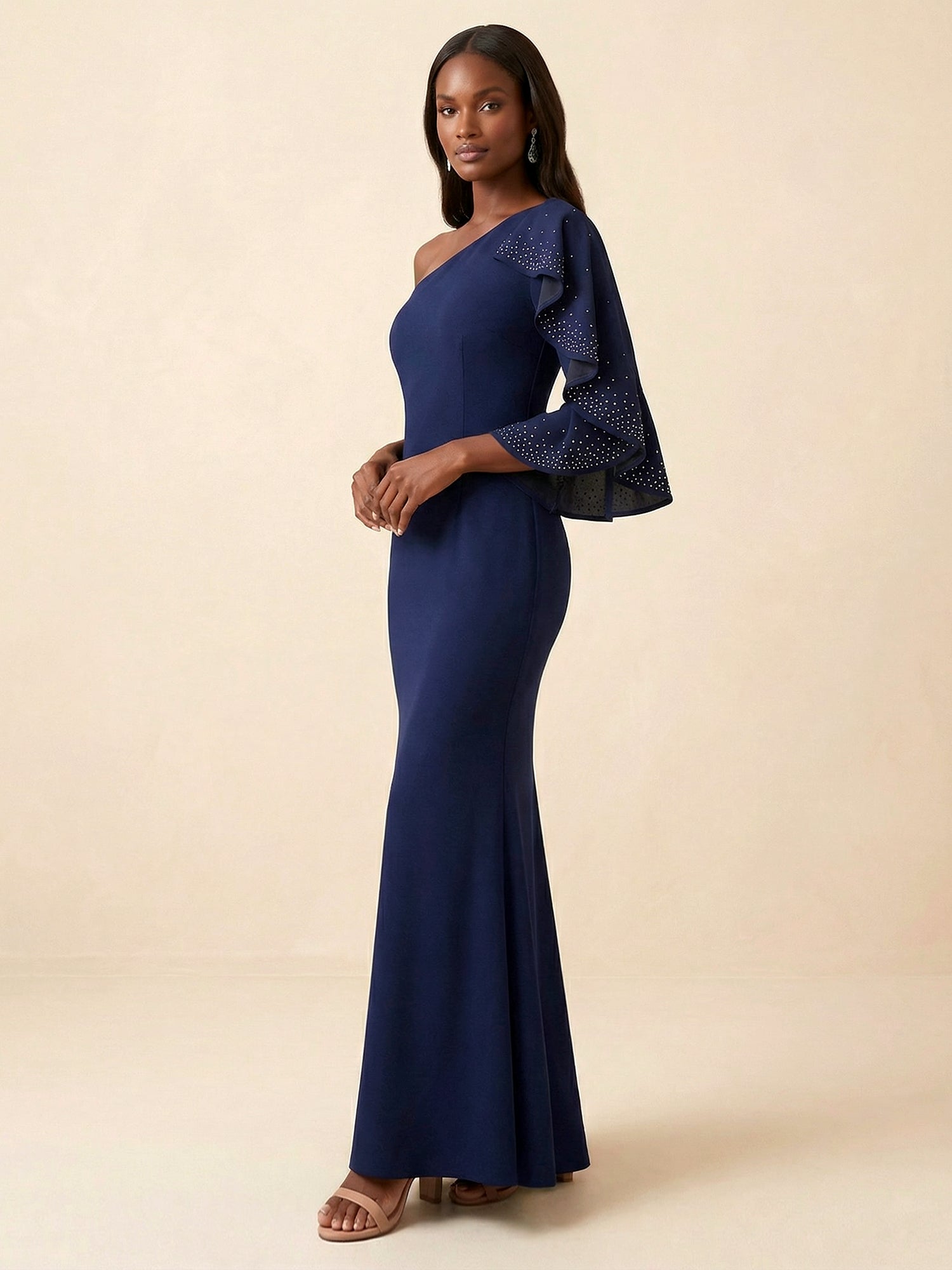 Navy Blue One-Shoulder Mermaid Gown with Sequin Ruffle Sleeve