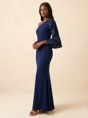 Navy Blue One-Shoulder Mermaid Gown with Sequin Ruffle Sleeve