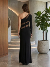 Elegant Black One-Shoulder Evening Dress with Sheer Mesh Panels