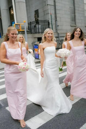 Pink Straps Sheath Square Neck Satin Sleeveless Long Bridesmaid Dress