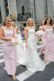 Pink Straps Sheath Square Neck Satin Sleeveless Long Bridesmaid Dress