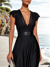 Black Lace Satin V Neck Short Sleeve A-Line Midi Dress