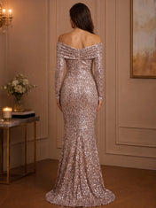 Off-the-Shoulder Long Sleeve Sequin Mermaid Evening Gown with Ruched Bodice