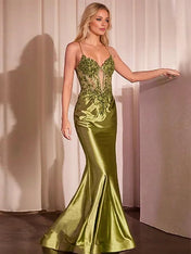Sage Mermaid Spaghetti Straps Long Prom Dress With Appliques