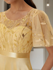 Golden Sequin Satin Crew Neck Short Sleeve Bell Sleeve A-Line Gown Mother of the Bride or Groom Dress