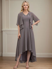 A-line V-Neck Asymmetrical Chiffon Mother of the Bride Dress With Beading Sequins
