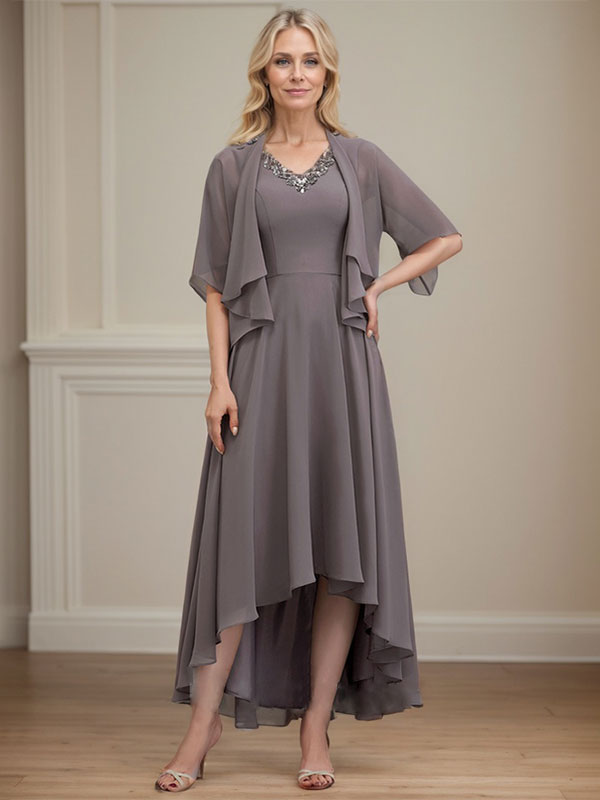 A-line V-Neck Asymmetrical Chiffon Mother of the Bride Dress With Beading Sequins