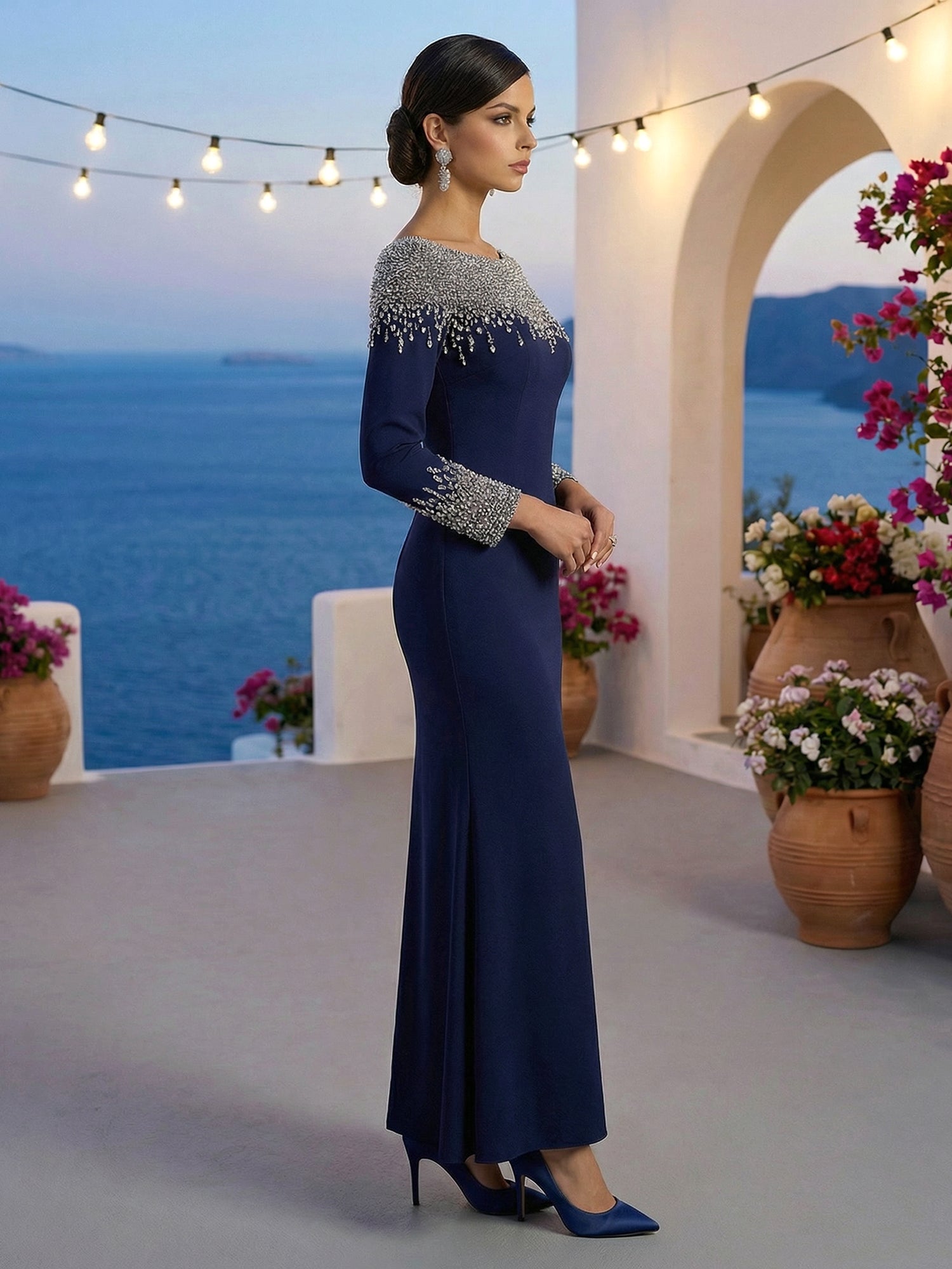 Formal Evening Dress Blue Velvet Long Sleeves Maxi Dress with Crystal