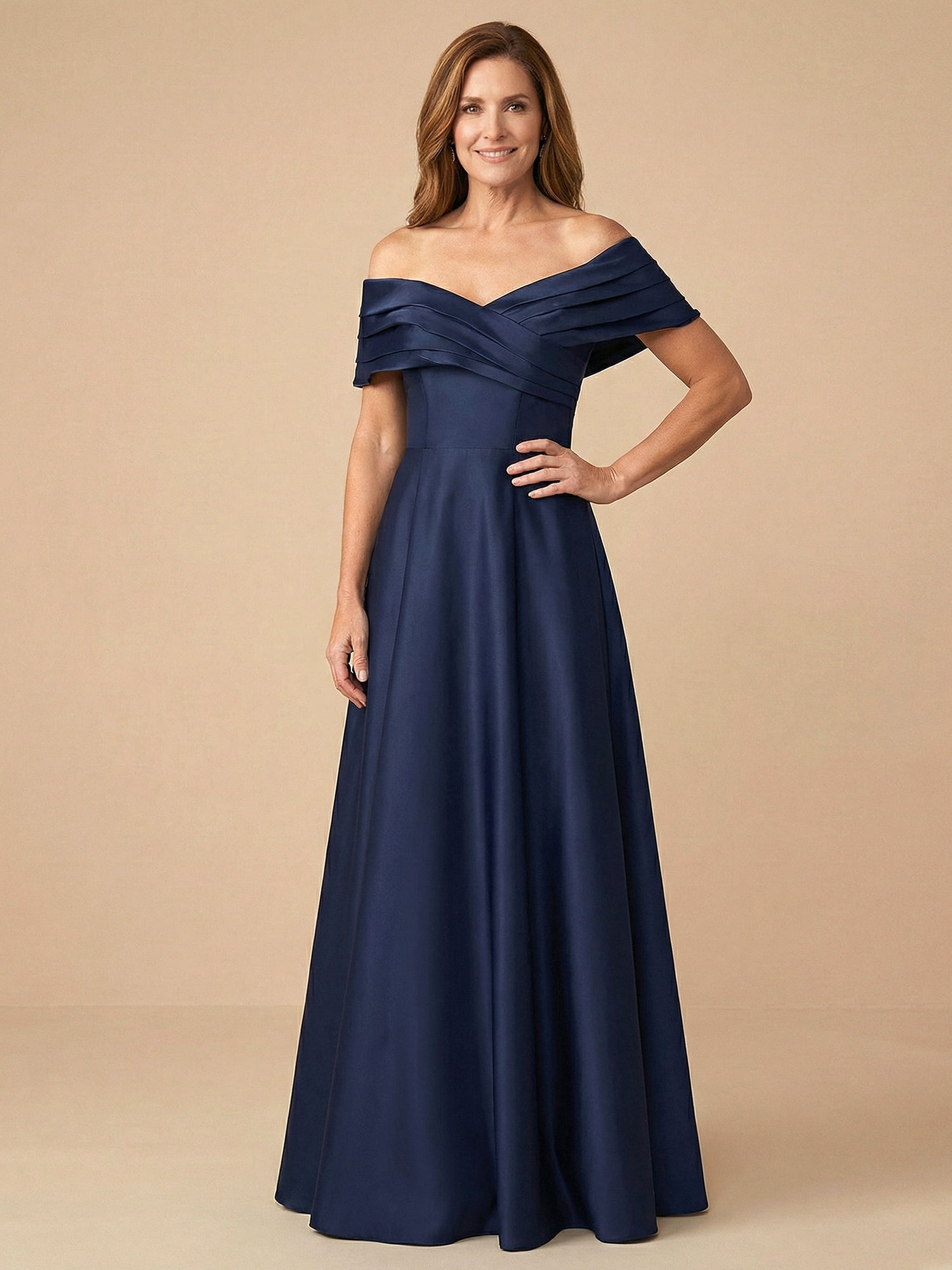 Off the Shoulder V Neck Satin Mother of the Bride Dress with Pleat
