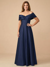 Off the Shoulder V Neck Satin Mother of the Bride Dress with Pleat