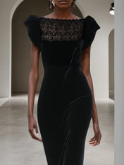 Black Lace Velvet Boat Neck Short Ruffle Sleeve Sheath Midi Dress