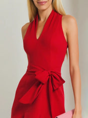Cocktail Party Red V Neck Lace Up Knee Length Dress