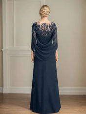 A Line Scoop 3/4 Sleeve Chiffon Mother of the Bride Dress With Appliques