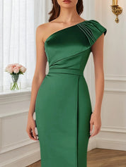 Cocktail Party Dress Green One-Shoulder Fitted Midi Dress