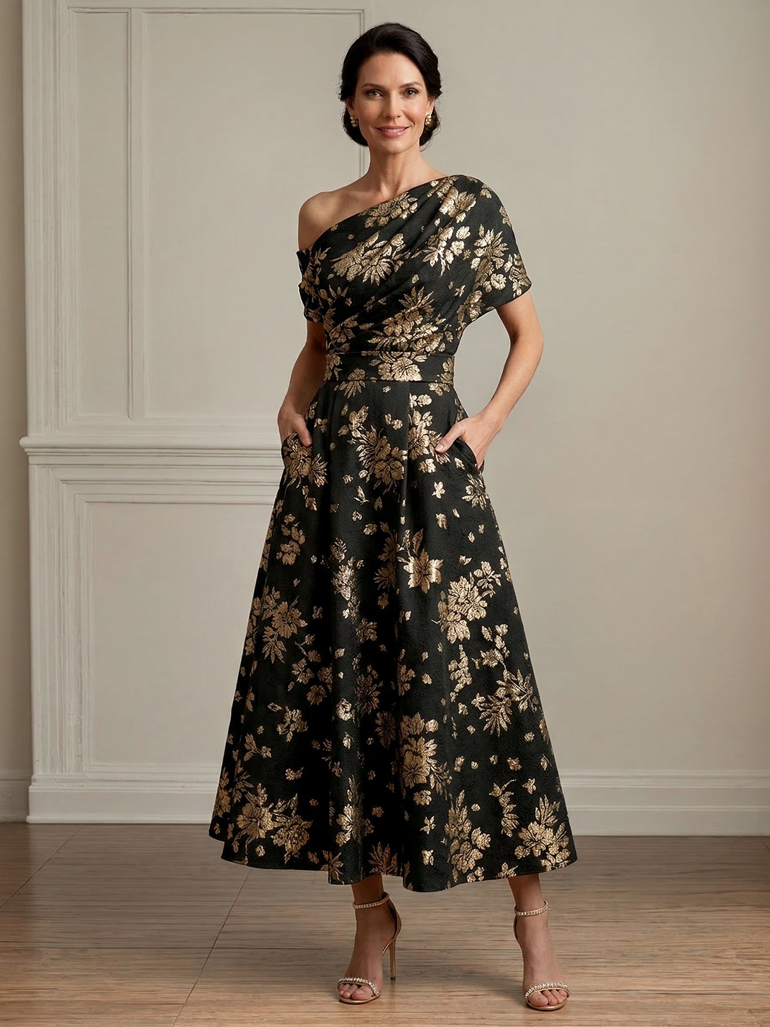 Black One Shoulder Pleated Ankle Length A Line Satin Mother of the Bride Dress