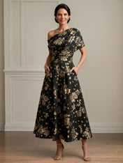 Black One Shoulder Pleated Ankle Length A Line Satin Mother of the Bride Dress
