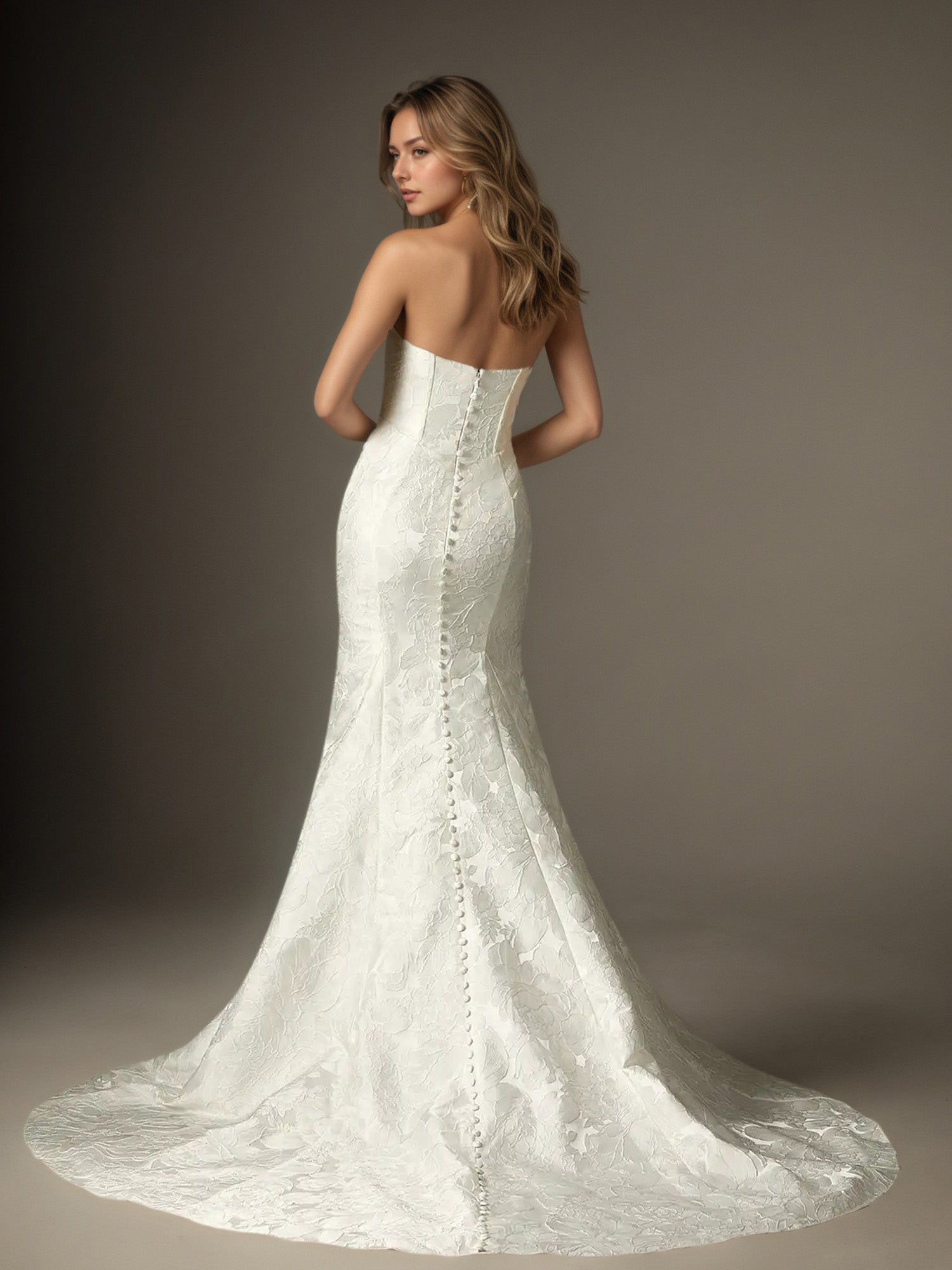 White Mermaid Strapless Floral Jacquard Wedding Dress