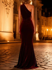 Burgundy Mermaid One Shoulder Maxi Velvet Holiday Party Dress with Keyhole