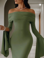 Formal Evening Dress Green Off Shoulder Maxi Long Sleeve Dress