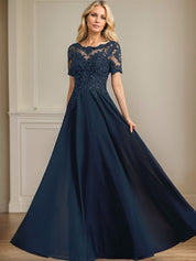 A-line Scoop Illusion Floor-Length Chiffon Lace Mother of the Bride Dress With Sequins Beading