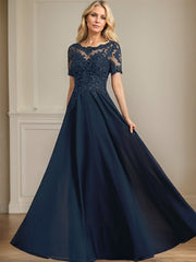 A-line Scoop Illusion Floor-Length Chiffon Lace Mother of the Bride Dress With Sequins Beading
