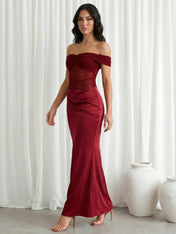 Burgundy Off the Shoulder Satin Mermaid Maxi Dresses