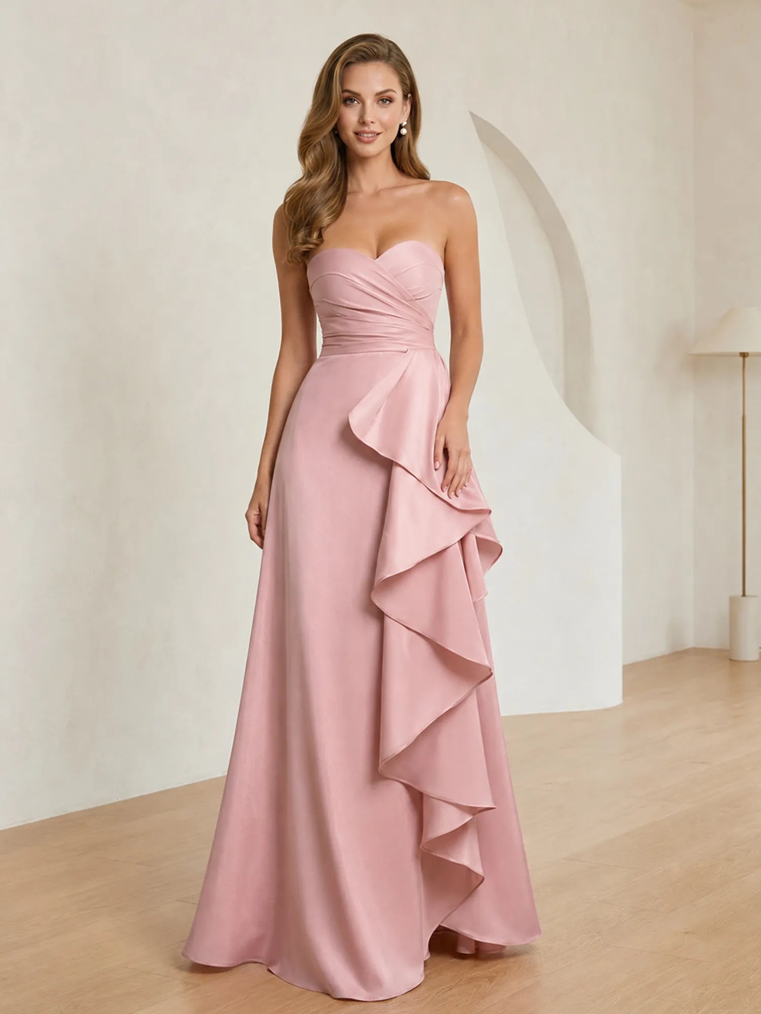 Formal Evening Dress Blush Strapless Ruffle Maxi Dress Gown