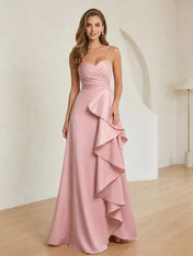 Formal Evening Dress Blush Strapless Ruffle Maxi Dress Gown