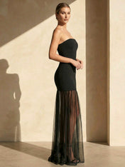 Strapless Maxi Dresses with Tulle Mermaid Black Formal Dress