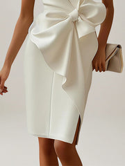 White Stretch Crepe Round Neck Sleeveless Knee Length Dress With Bow