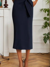 Work Dress Dark Blue V-Neck Sleeveless Midi Dress