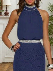 Purplish Blue Rhinestone Ruched Lace Halter Sleeveless Mermaid Gown Dress