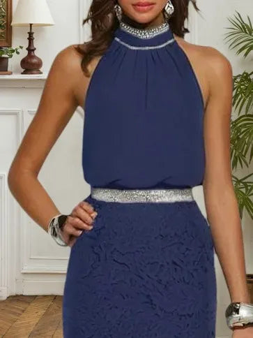 Purplish Blue Rhinestone Ruched Lace Halter Sleeveless Mermaid Gown Dress