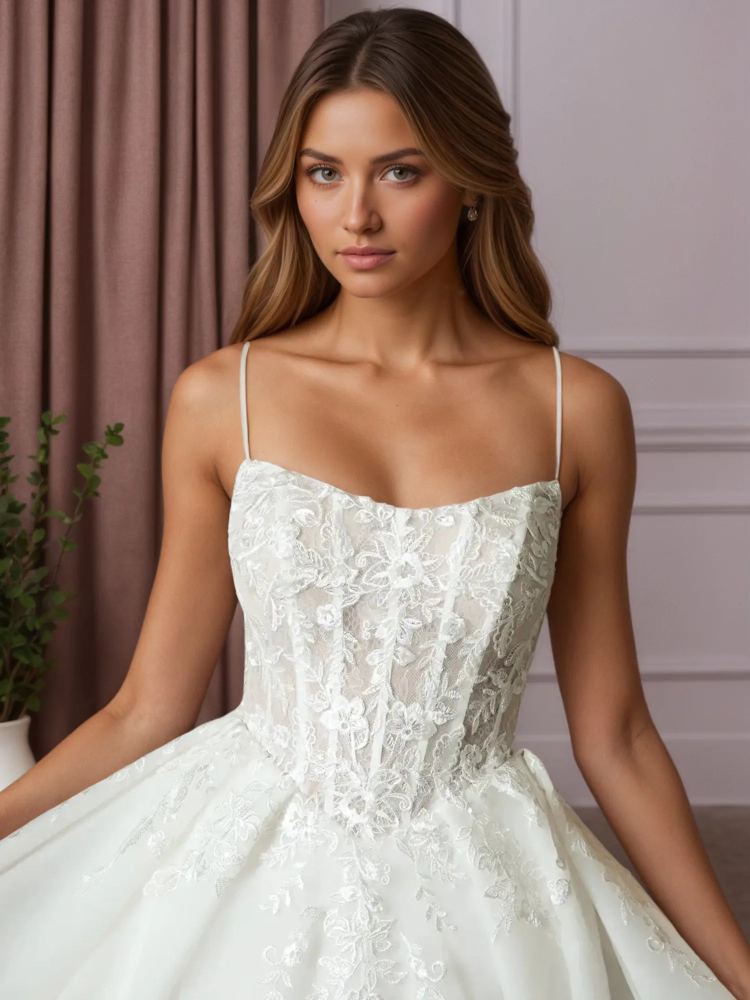 White Ball-Gown Strapless Pleated Lace Wedding Dress