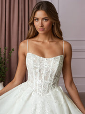 White Ball-Gown Strapless Pleated Lace Wedding Dress