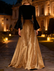 Black Flare Sleeves A-Line Long Velvet Holiday Party Dress
