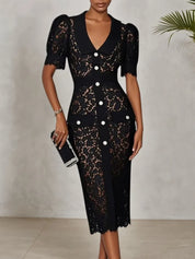 Black Buckle Lace Shawl Collar Short Sleeve Puff Sleeve Sheath Midi Dress