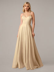 Champagne A Line Spaghetti Straps Sleeveless Floor Length Dress