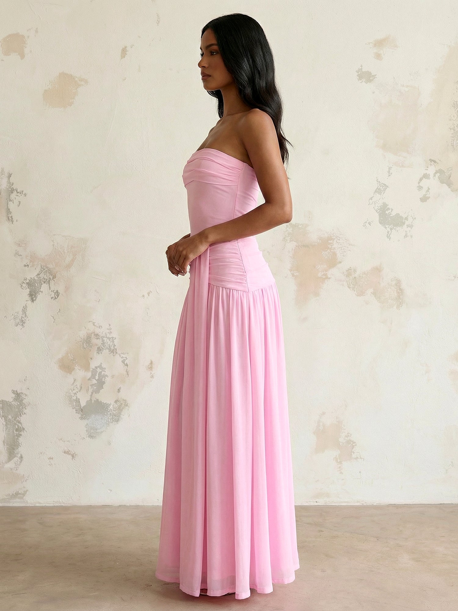 Pink Strapless A Line Chiffon Maxi Dress with Pleat