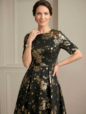 A-line Round Neck Short Sleeve Asymmetrical Jacquard Mother of the Bride Dress With Metallic Floral Print